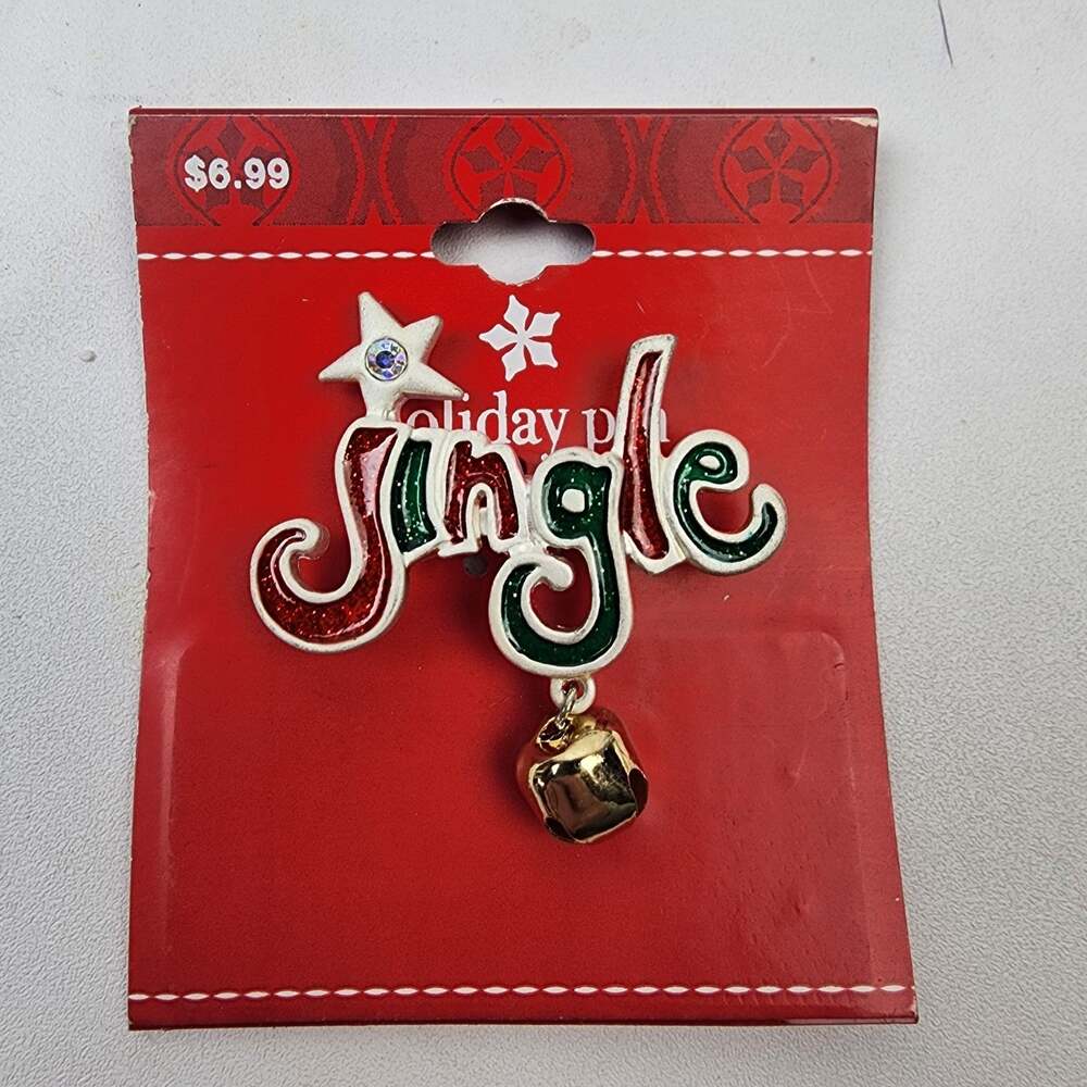 2003 Target Christmas Holiday Jingle Brooch Pin Silver Star Red Green w/Bell NWT